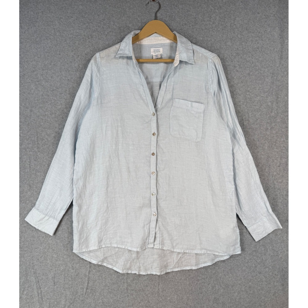 Sigrid Olsen Medium Linen Button Down Coastal Light Blue Shirt Pocket